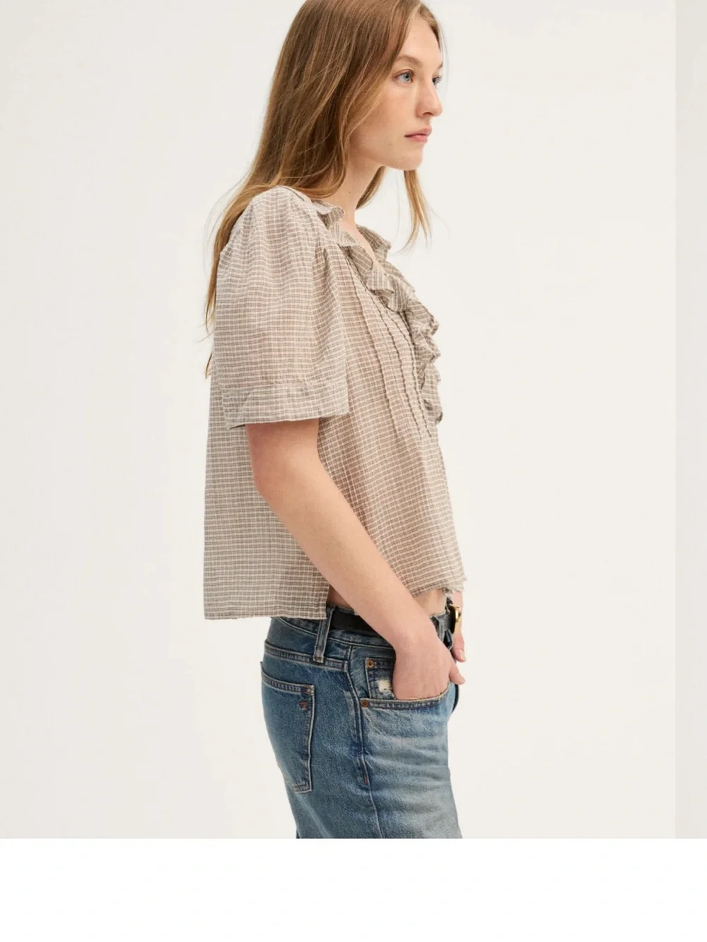 Madewell Beige Ruffle V-Neck Button-Front Blouse